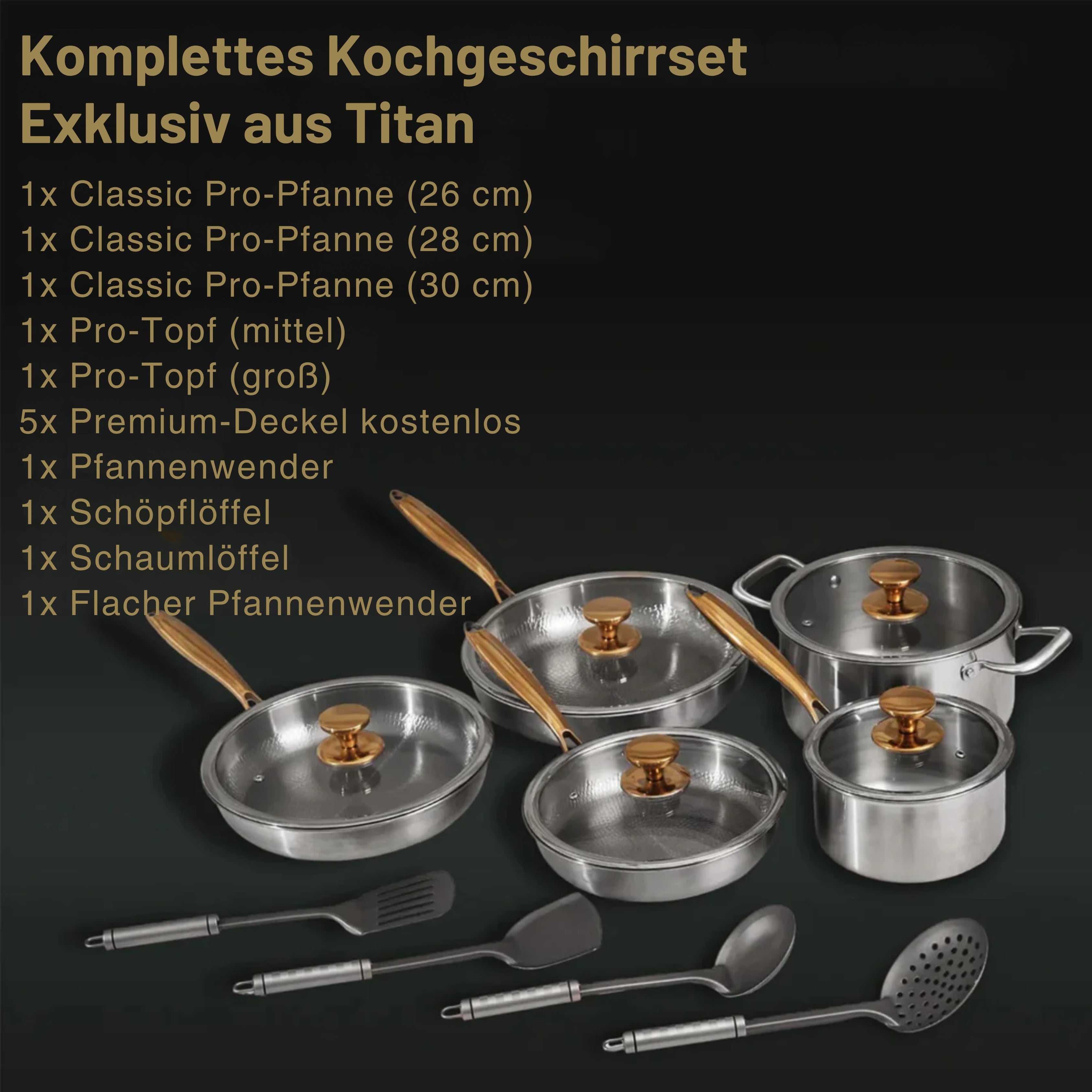 TitaniumFlame® Komplettes Set klassischer Küchenutensilien aus reinem Titan (14-teilig)