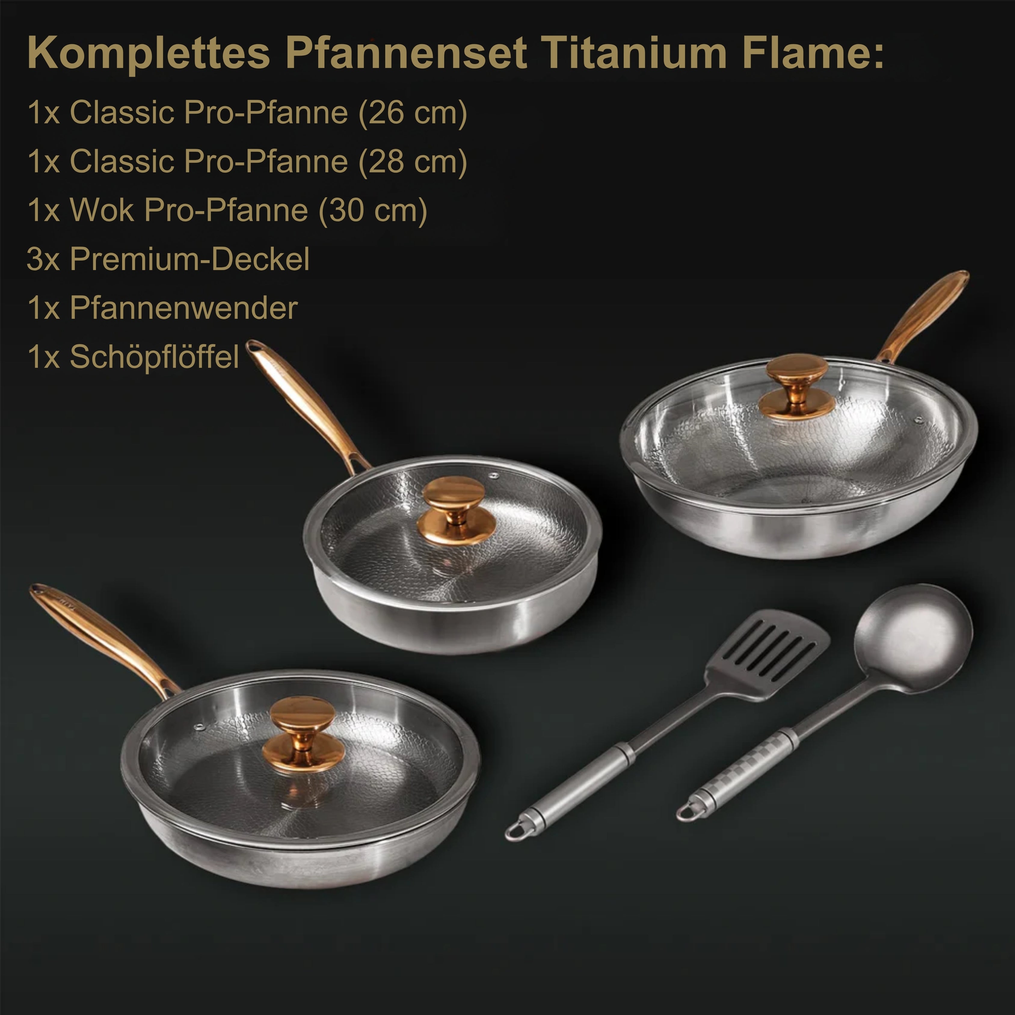 TitaniumFlame® Komplettes Set exklusiver Bratpfannen aus reinem Titan (8-teilig)