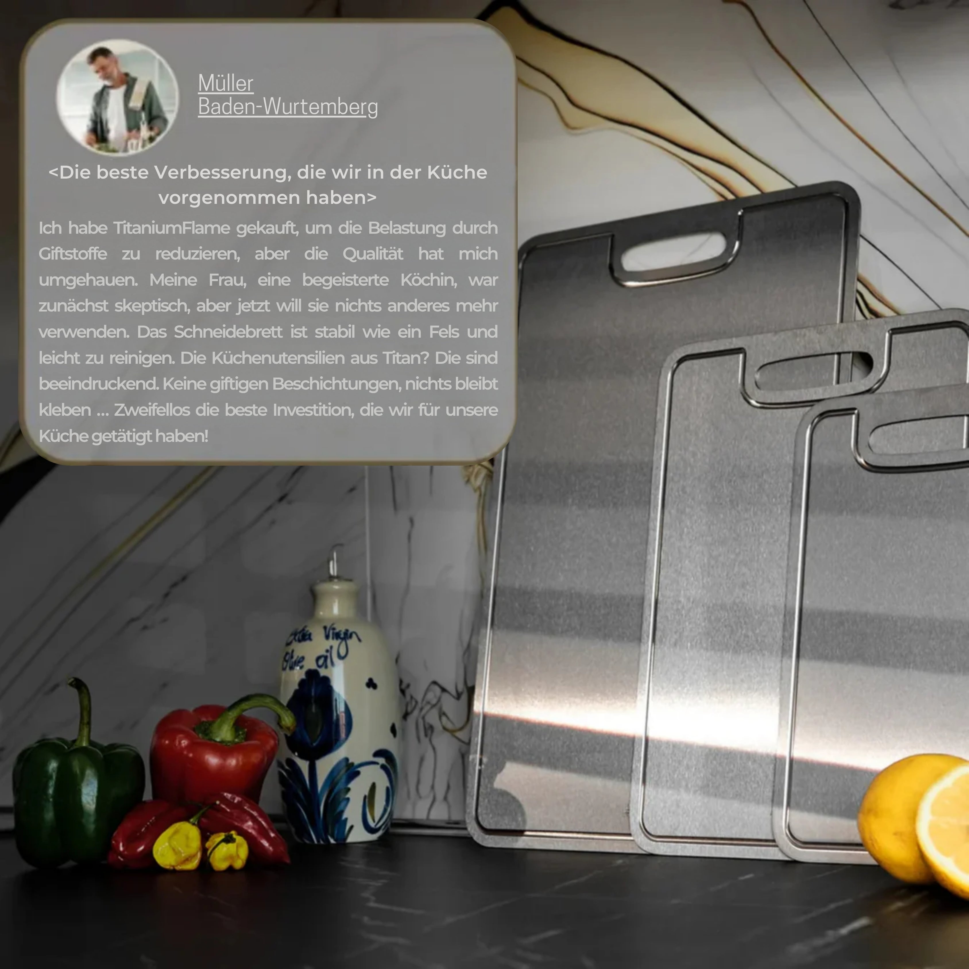 TitaniumFlame® Set aus zertifizierten Schneidebrettern aus reinem Titan (P+M+G)