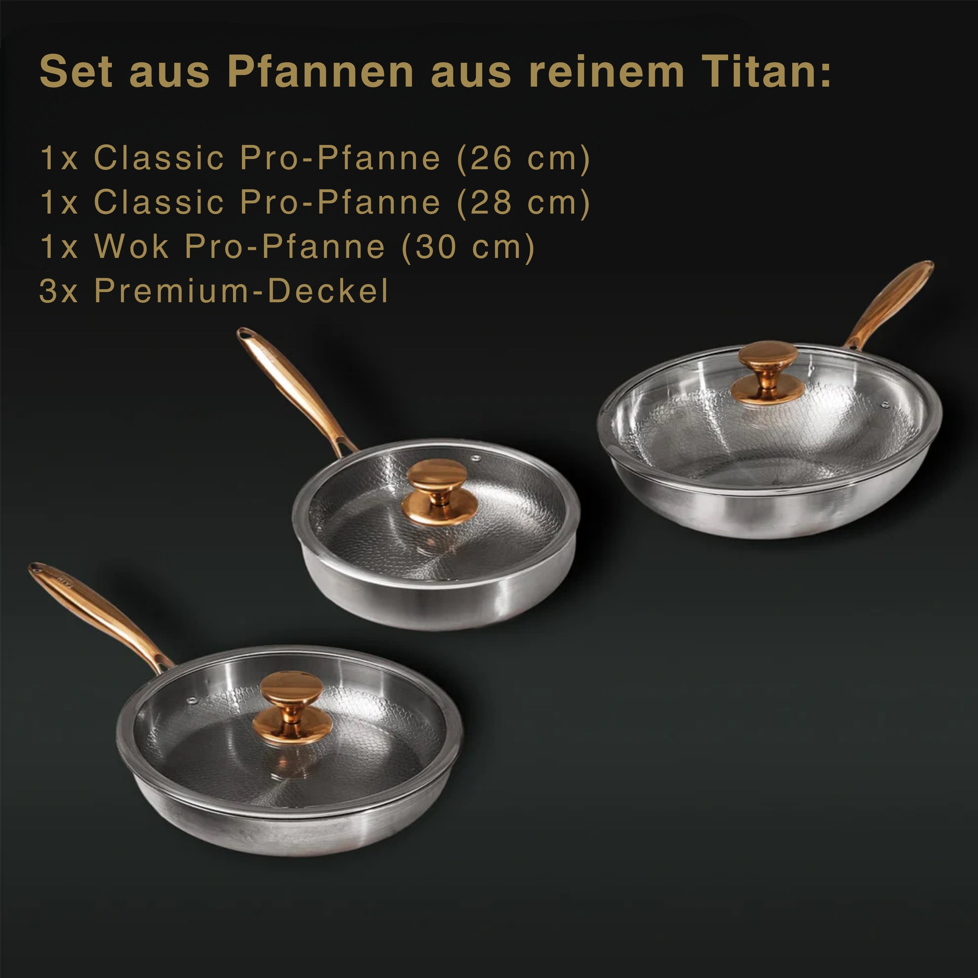 TitaniumFlame® Exklusives Set aus zertifizierten Bratpfannen aus reinem Titan (6-teilig)