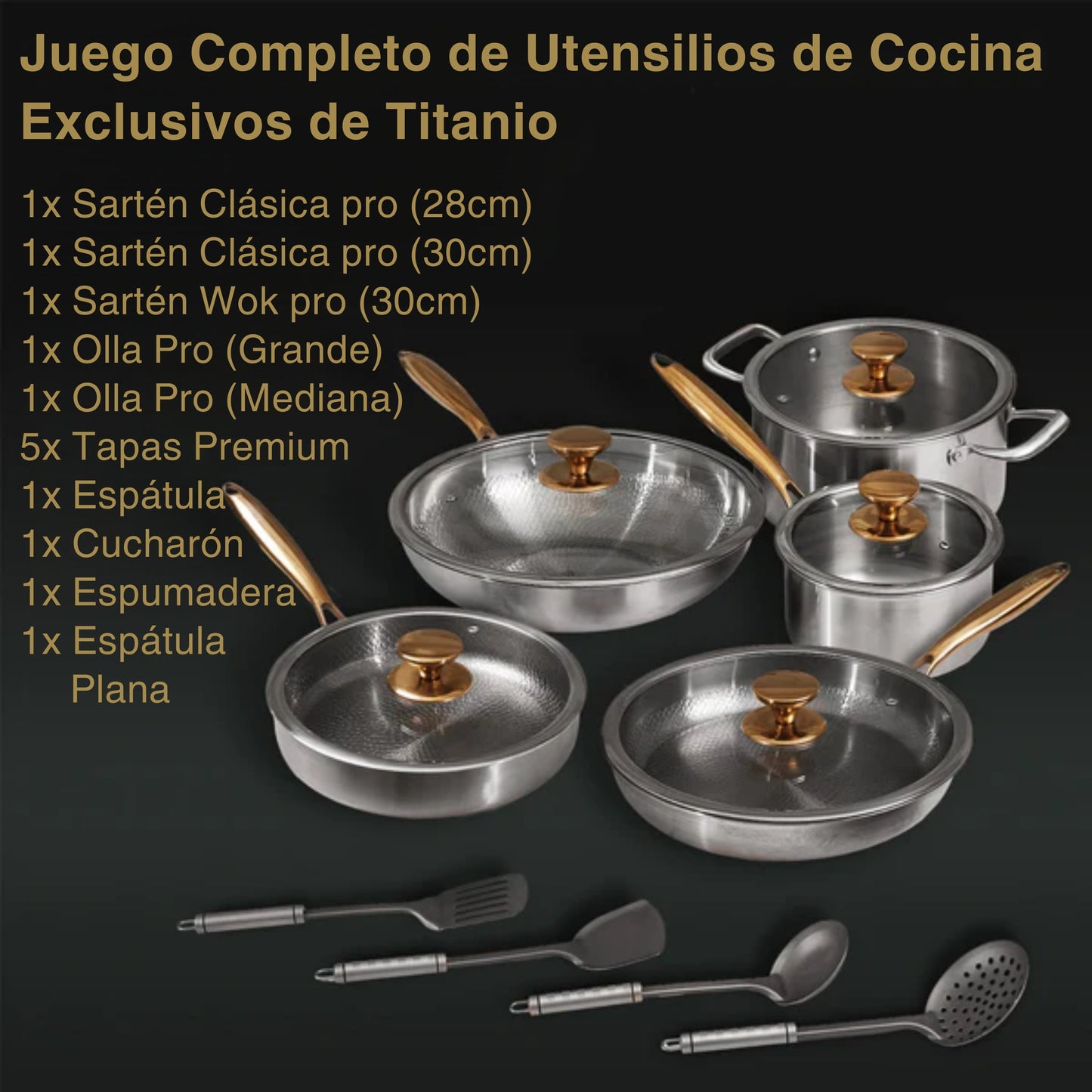 TitaniumFlame® Juego Completo de Utensilios de Cocina Exclusivos de Titanio Puro (14 Piezas)